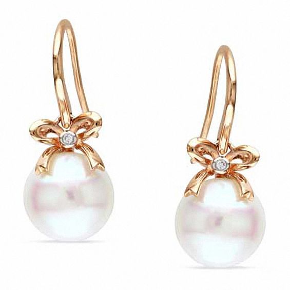 10.5 - 11.0mm Cultured Freshwater Pearl and Diamond Accent Bow