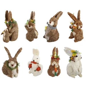 1Pc Straw Easter Bunny Figurine Cattail Easter Rabbit Artificial Straw Cloth Rabbit Statue Ornament Home Easter Decoration 2024