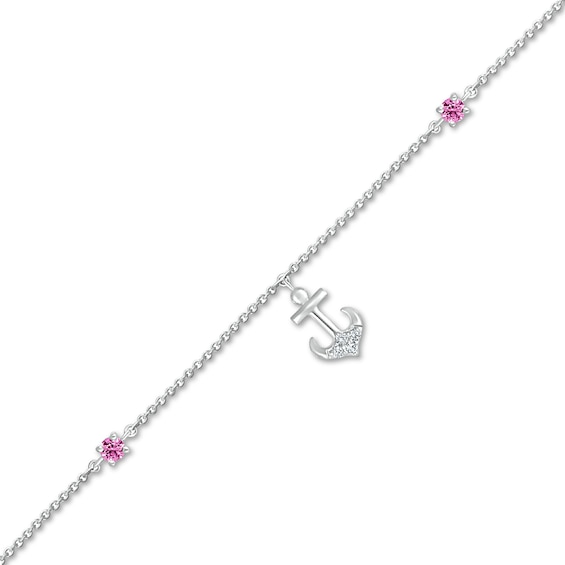 3.0mm Pink and White Lab-Created Sapphire Anchor Dangle Anklet in