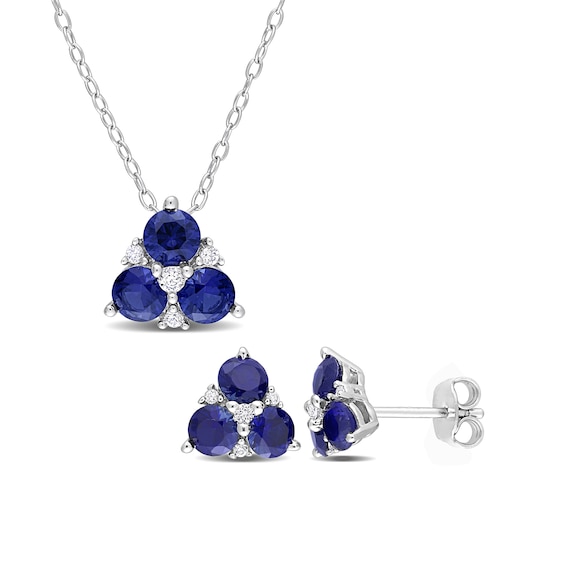 4.5mm Blue and White Lab-Created Sapphire Trio Pendant and Stud
