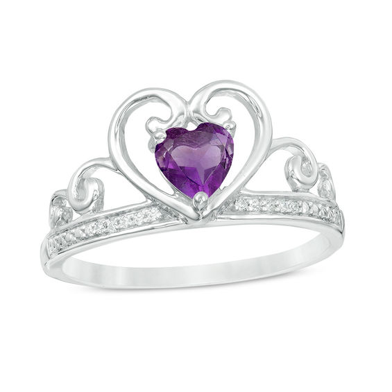 5.0mm Heart-Shaped Amethyst and Diamond Accent Tiara Ring in 10K White
