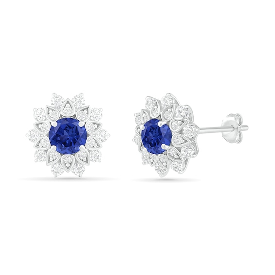 5.0mm Lab-Created Blue and White Sapphire Frame Flower Stud Earrings