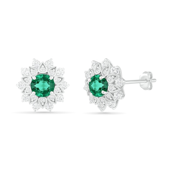 5.0mm Lab-Created Emerald and White Sapphire Frame Flower Stud