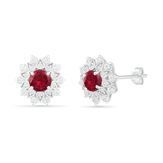 5.0mm Lab-Created Ruby and White Sapphire Frame Flower Stud Earrings