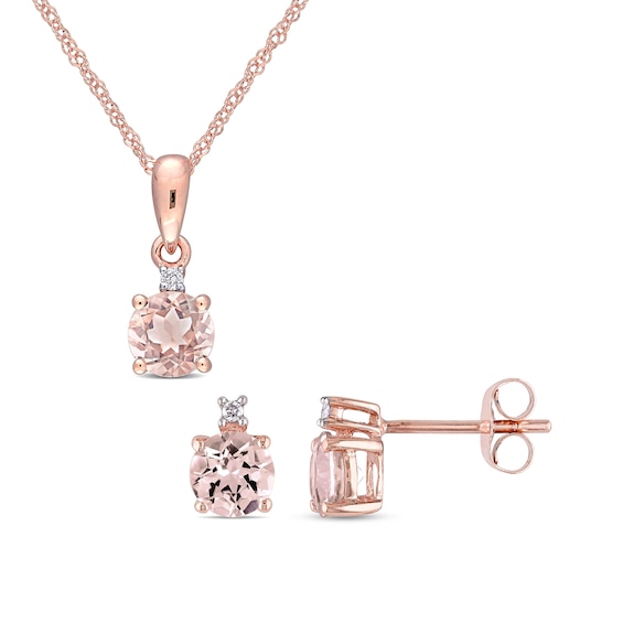 5.0mm Morganite and Diamond Accent Stacked Pendant and Stud Earrings