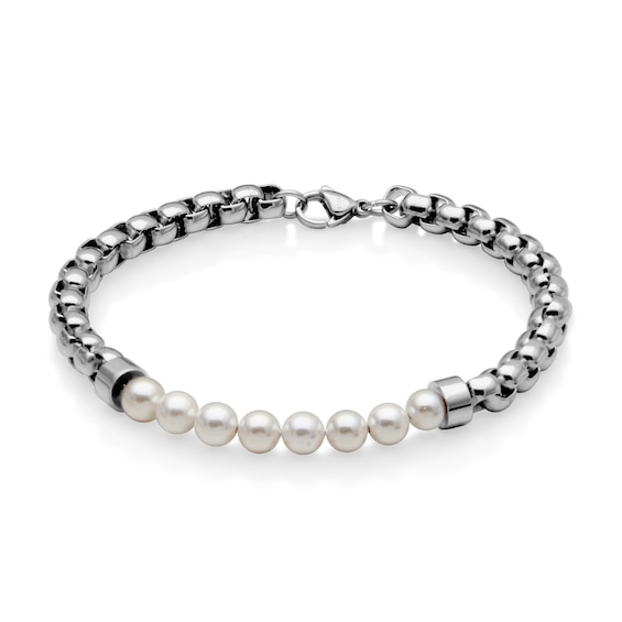 5.5-6.0mm Mother-of-Pearl Bead Box Chain Bracelet in Stainless Steel -