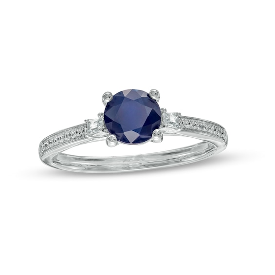 6.0mm Blue Sapphire and 0.10 CT. T.w. Baguette and Round Diamond Ring
