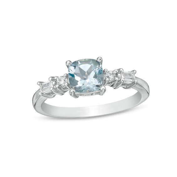 6.0mm Cushion-Cut Aquamarine and 0.15 CT. T.w. Baguette and Round