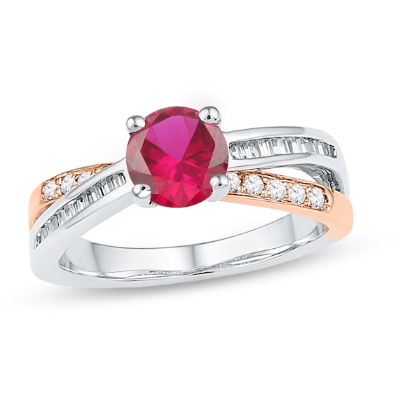 6.0mm Lab-Created Ruby and 0.38 CT. T.w. Round and Baguette Diamond