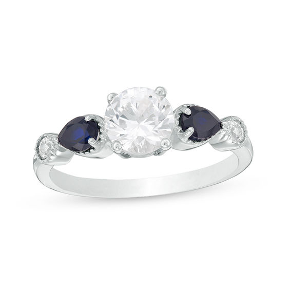 6.0mm Lab-Created White and Blue Sapphire Art Deco Ring in Sterling