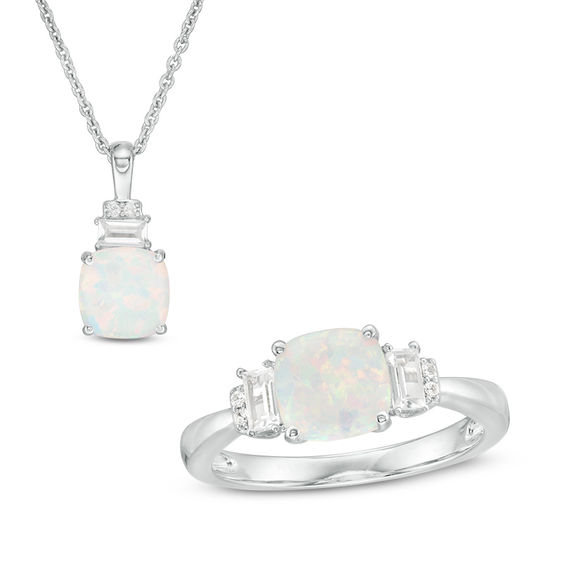 7.0mm Cushion-Cut Lab-Created Opal and White Sapphire Pendant and Ring