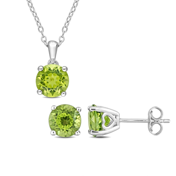 7.0mm Peridot Solitaire Pendant and Stud Earrings Set in Sterling