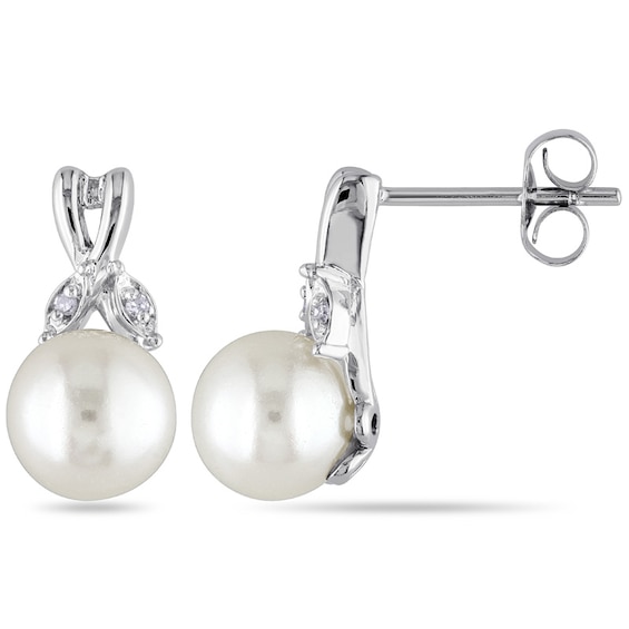 7.5 - 8.0mm Cultured Freshwater Pearl and Diamond Accent Drop Earrings