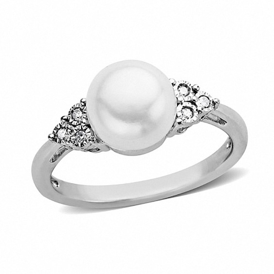 8.0 - 8.5mm Button Cultured Freshwater Pearl and Diamond Accent Ring