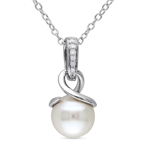 8.0 - 8.5mm Cultured Freshwater Pearl and Diamond Accent Loop Pendant