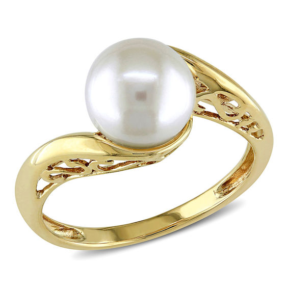 8.0 - 8.5mm Cultured Freshwater Pearl and Scroll Bypass Ring in 10K
