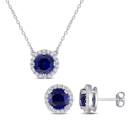 8.0mm Blue and White Lab-Created Sapphire Frame Pendant and Stud
