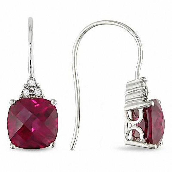 8.0mm Cushion-Cut Lab-Created Ruby and Diamond Accent Drop Earrings in