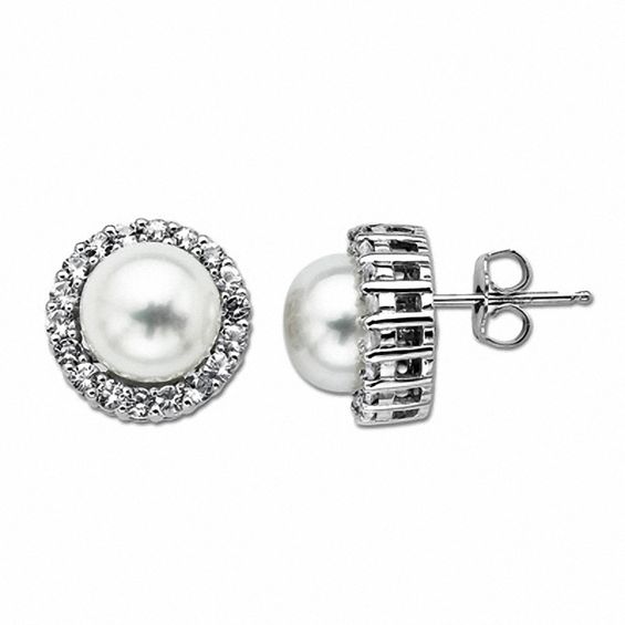 9.0mm Baroque Cultured Freshwater Pearl and White Topaz Stud Earrings