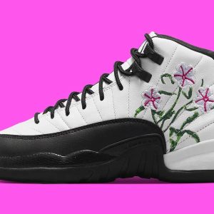 Air Jordan 12 Retro Floral White Black Shoes DR6956-100 GS 5.5y Womens Size 7