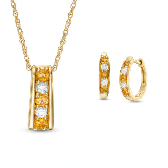 Alternating Citrine and Lab-Created White Sapphire Pendant and Hoop