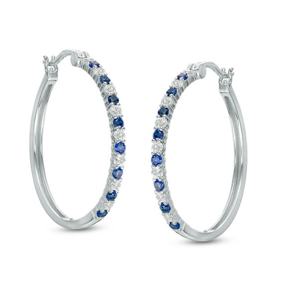 Alternating Lab-Created Blue and White Sapphire Hoop Earrings in