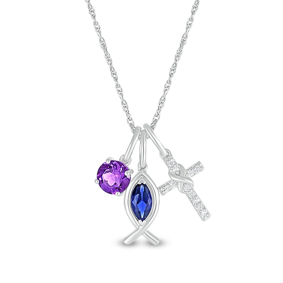Amethyst with Marquise Blue and White Lab-Created Sapphire Ichthus and