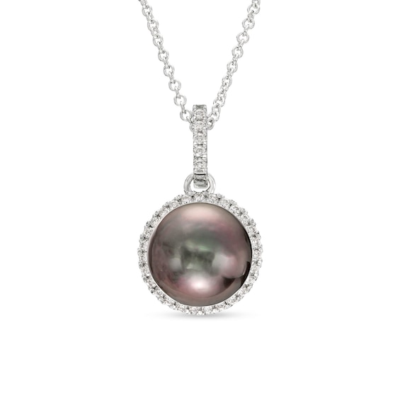 Black Cultured Tahitian Pearl and Diamond Accent Frame Pendant in 14K