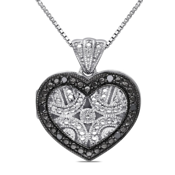 Black Diamond Accent Vintage-Style Beaded Heart Frame Locket in