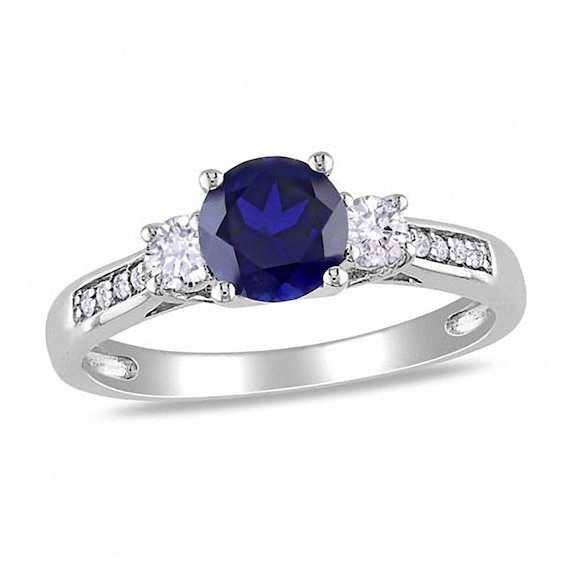 Blue and White Lab-Created Sapphire and 0.05 CT. T.w. Diamond Three