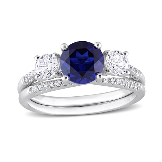 Blue and White Sapphire and 0.09 CT. T.w. Diamond Three Stone Bridal