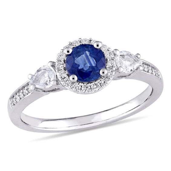 Blue and White Sapphire and 0.12 CT. T.w. Diamond Frame Three Stone