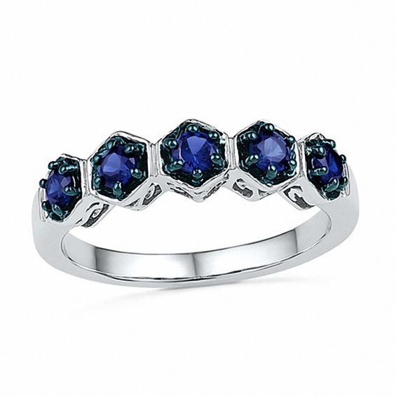 Blue Lab-Created Sapphire Hexagon Frame Five Stone Ring in Sterling