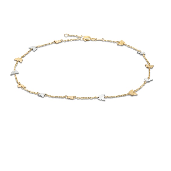 Butterfly Station Anklet in Solid 10K Two Tone Gold - 9.5"