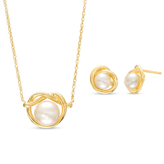 Cultured Freshwater Pearl Love Knot Necklace and Stud Earrings Set in