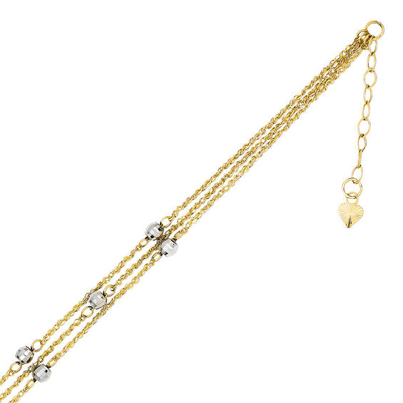 Diamond-Cut Triple Strand Bead Anklet in 14K Two-Tone Gold - 10"