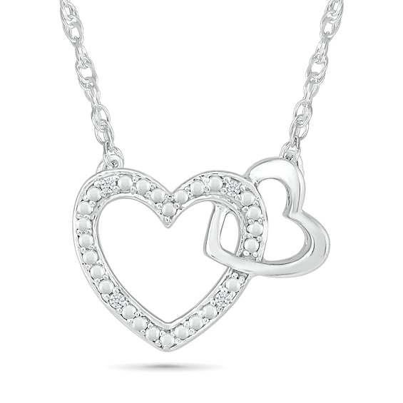 Diamond Accent Beaded Large and Small Interlocking Hearts Necklace in