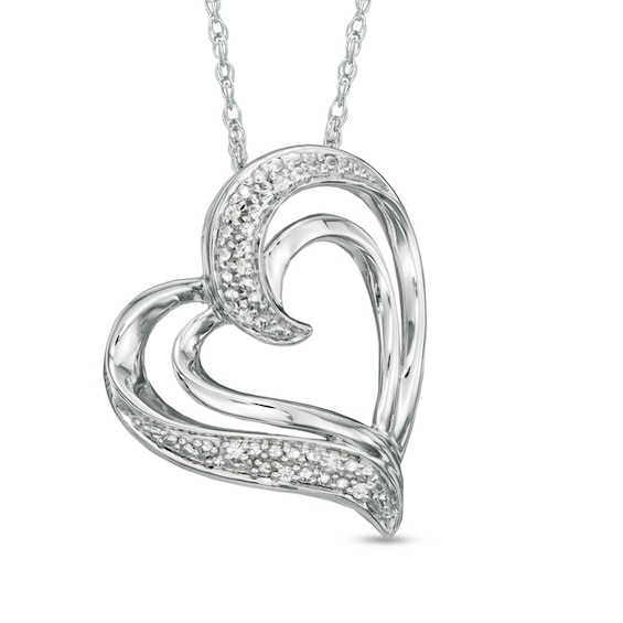Diamond Accent Layered Tilted Heart Pendant in Sterling Silver
