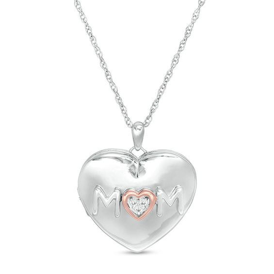 Diamond Accent "Mom" Heart Locket in Sterling Silver and 10K Rose Gold