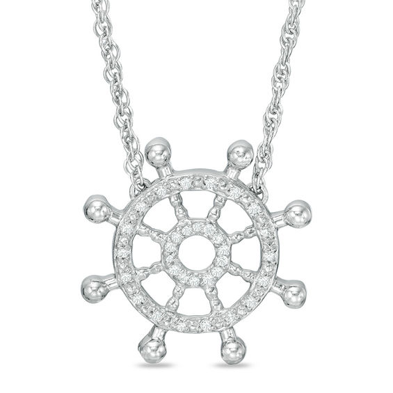 Diamond Accent Nautical Boat Wheel Necklace in Sterling Silver - 17.5"
