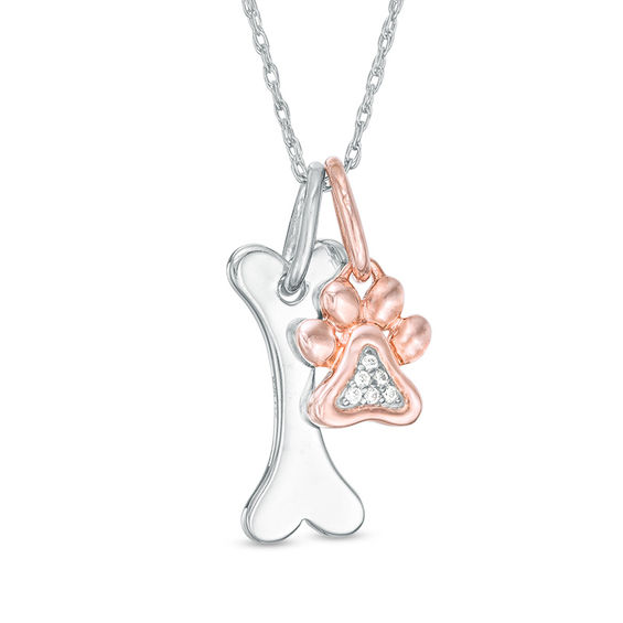 Diamond Accent Paw Print and Dog Bone Pendant in Sterling Silver and