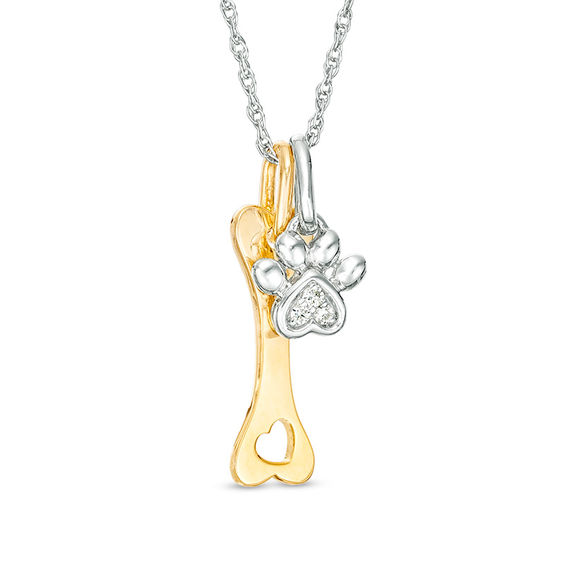 Diamond Accent Paw Print and Dog Bone Pendant in Sterling Silver and