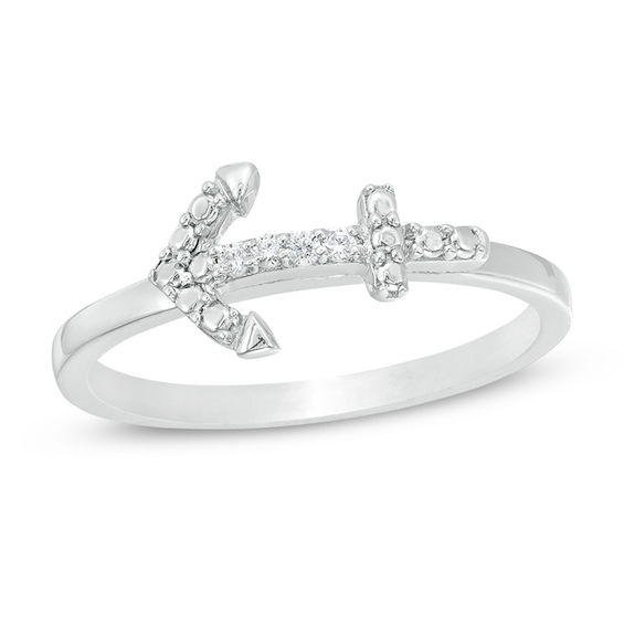 Diamond Accent Sideways Anchor Stackable Ring in Sterling Silver