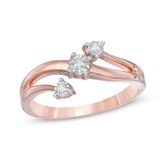 Diamond Accent Three Stone Wave Bypass Ring in 10K Rose Gold