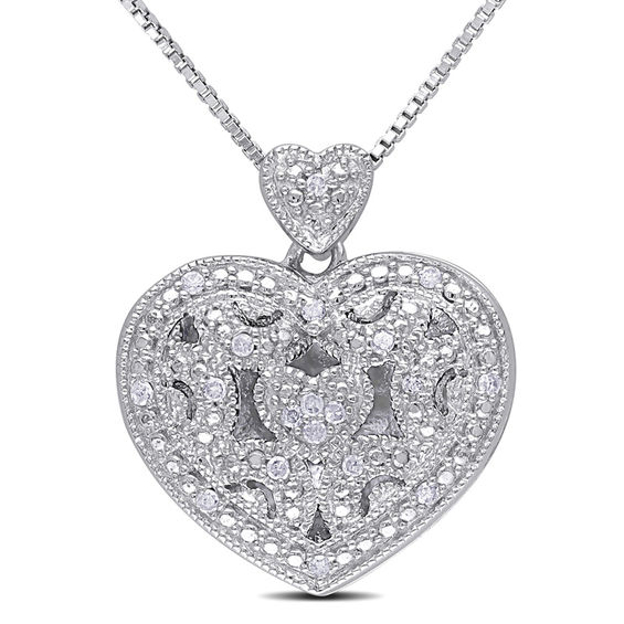 Diamond Accent Vintage-Style Beaded Double Heart Locket in Sterling