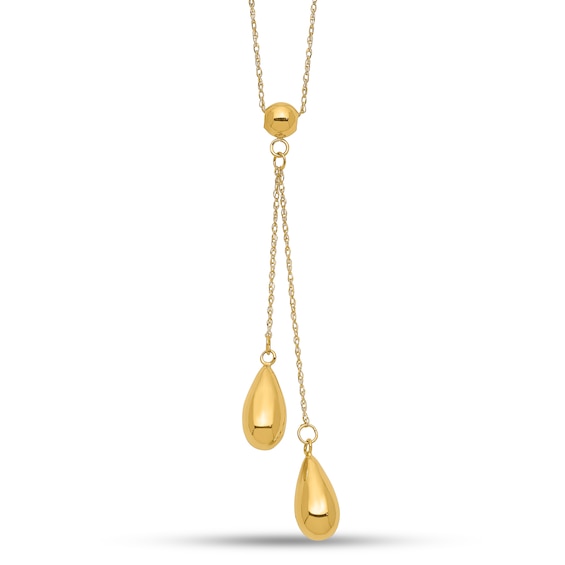 Double Puff Teardrop Lariat Necklace in 14K Gold