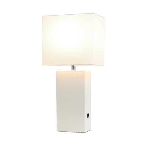 Elegant Designs - Modern Leather Table Lamp with USB and Fabric Shade - White