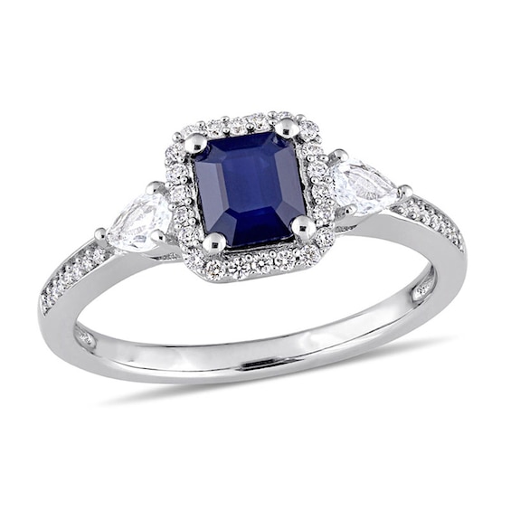 Emerald-Cut Blue and White Sapphire and 0.15 CT. T.w. Diamond Frame
