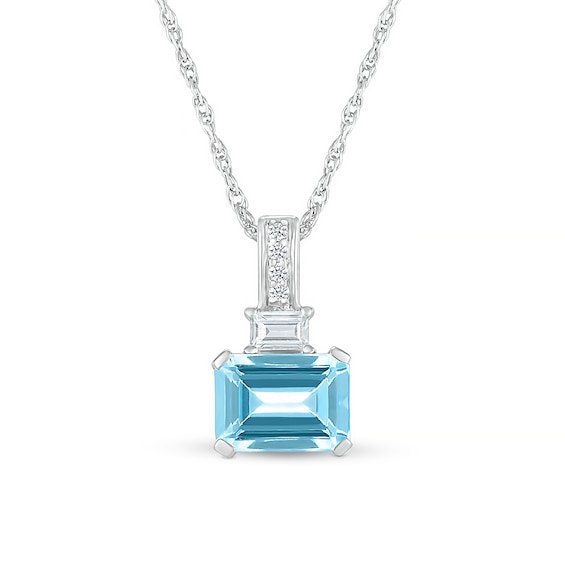 Emerald-Cut Swiss Blue Topaz and Baguette and Round White Lab-Created