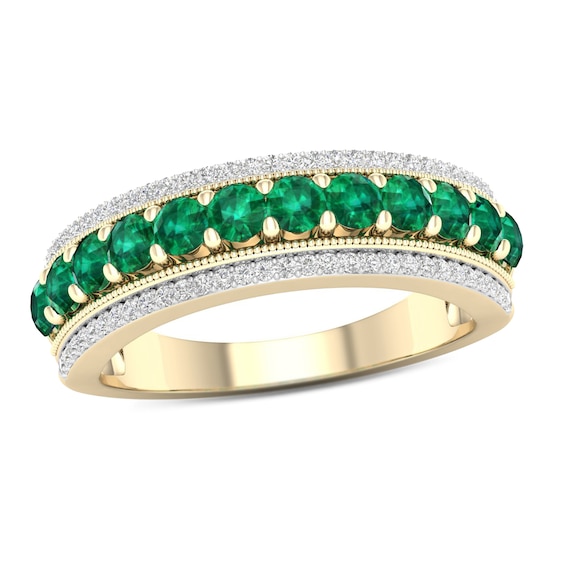 Emerald and 0.15 CT. T.w. Diamond Border Triple Row Vintage-Style Ring